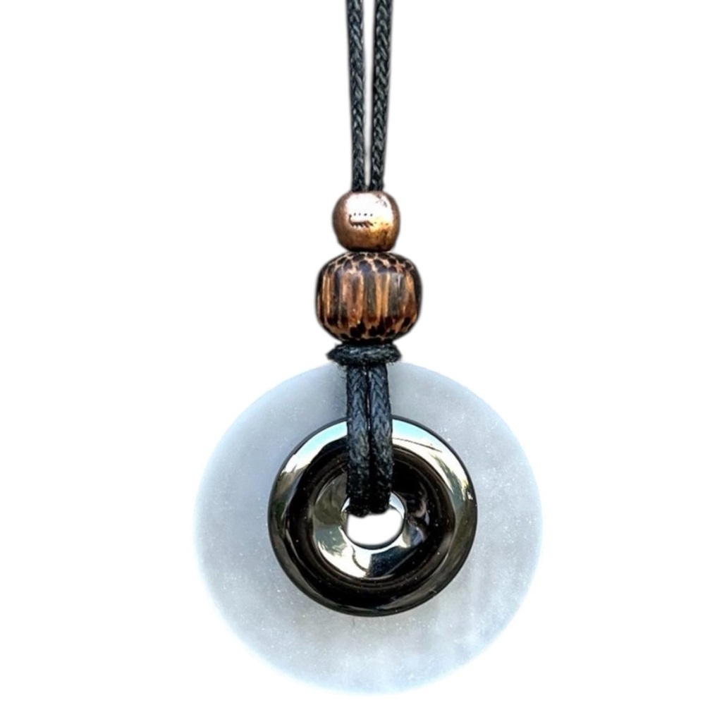 Hematite and White Sea Glass Pendant Handmade